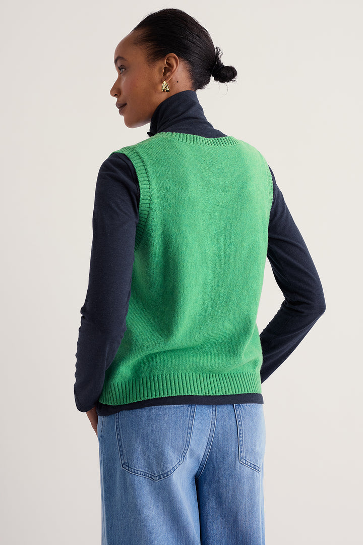 Seasalt Cornwall East View Pea Pod Green Merino Vest WM41086 38442, worn full length