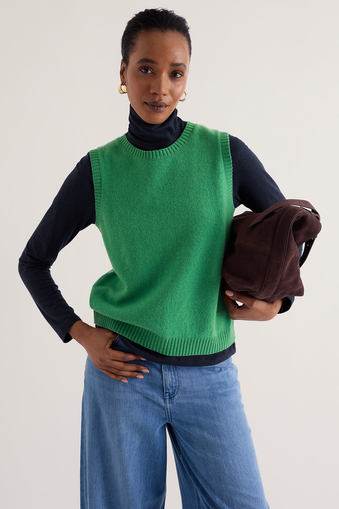 Seasalt Cornwall East View Pea Pod Green Merino Vest WM41086 38442, worn from the back