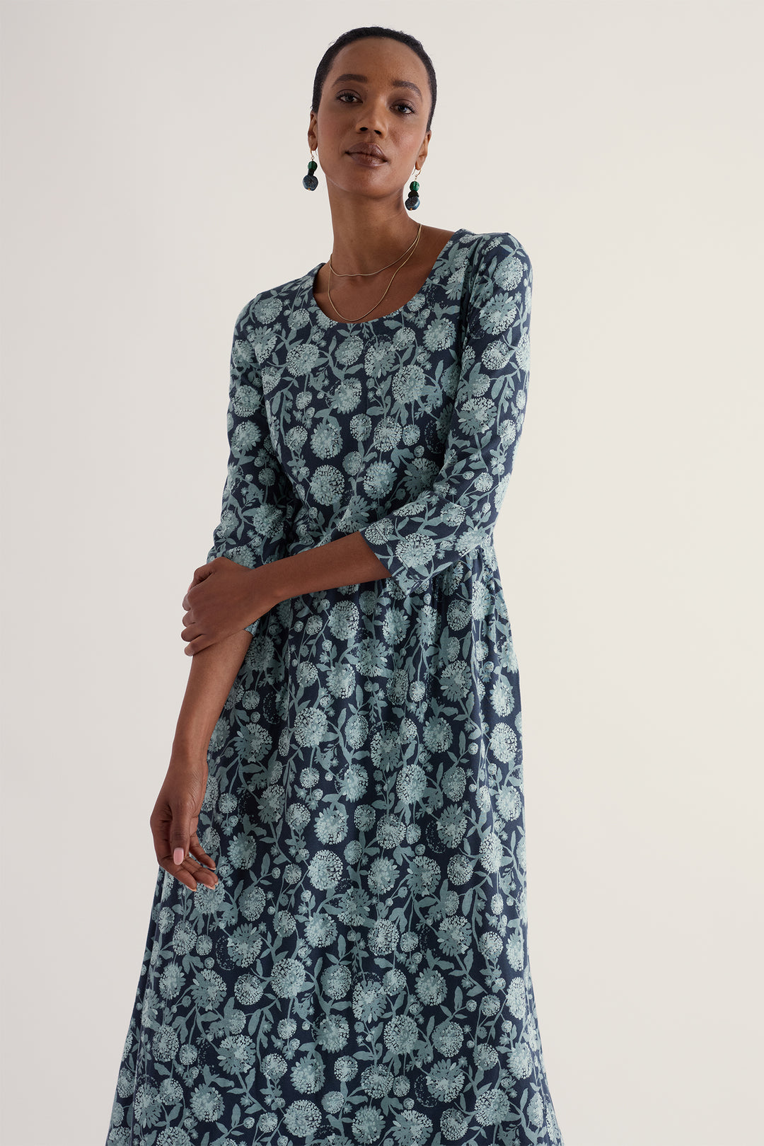 Seasalt Cornwall Emily Allium Flowers Lichen Navy Dress, front view on model