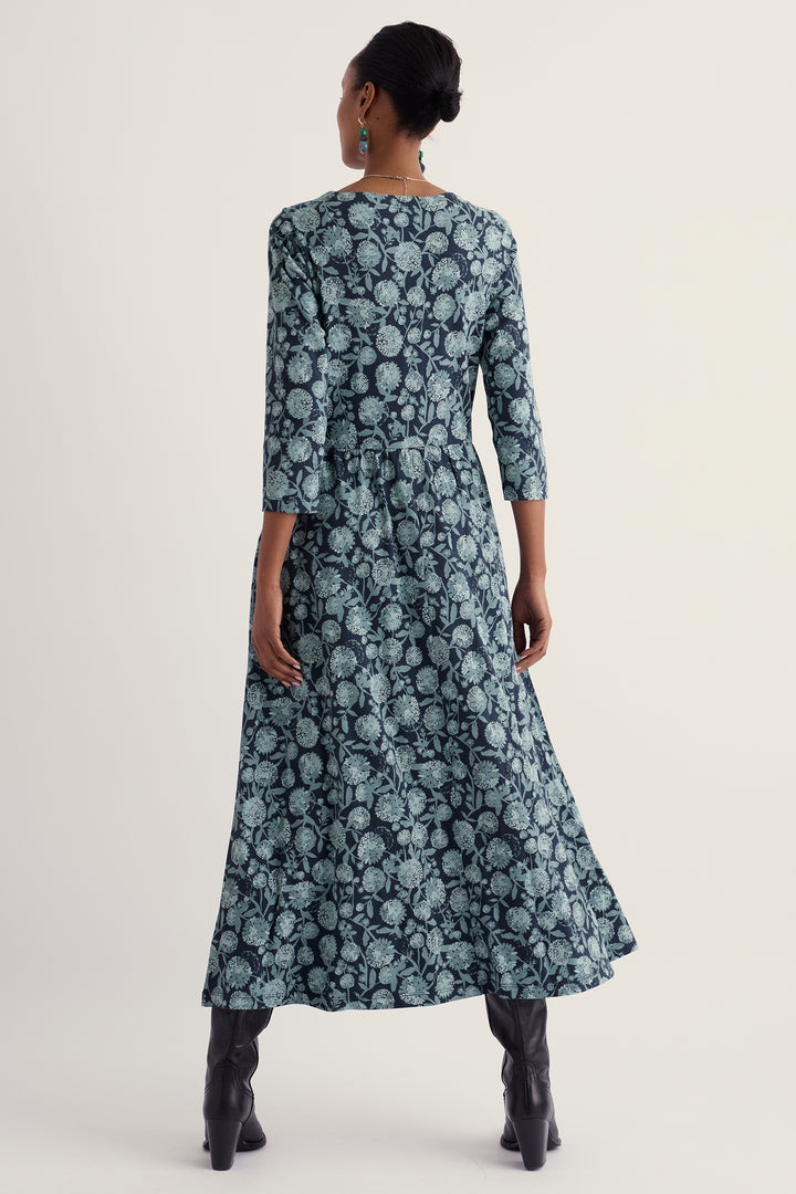 Seasalt Cornwall Emily Allium Flowers Lichen Navy Dress, back view on model