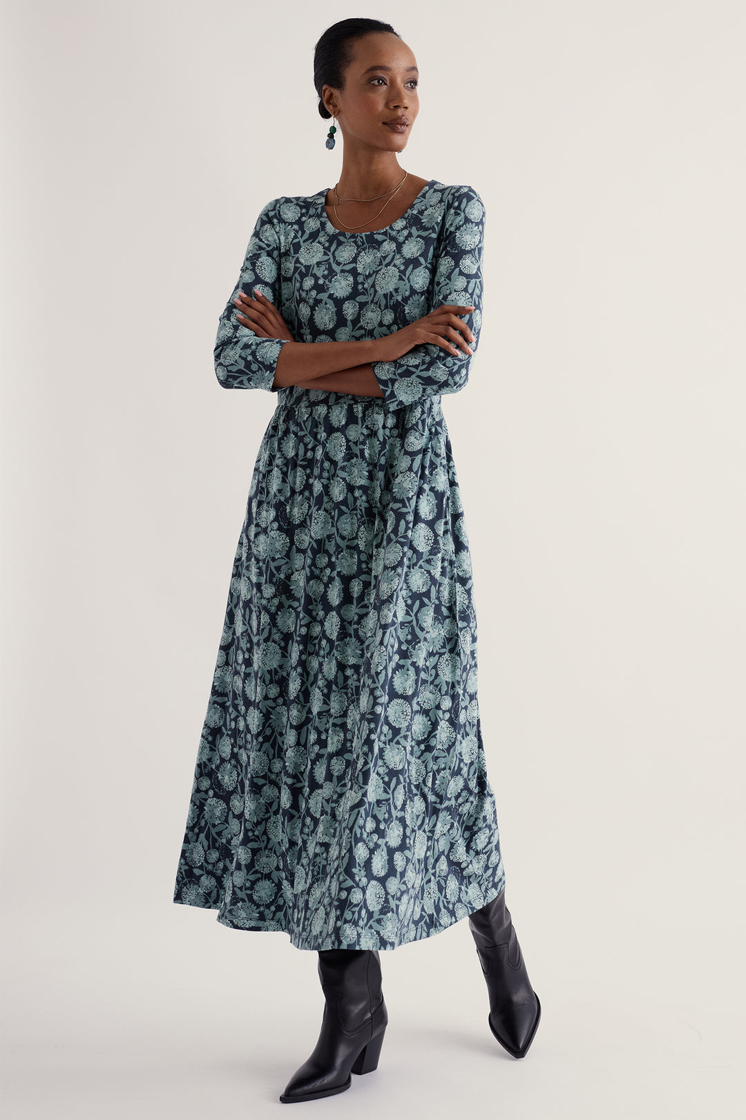 Seasalt Cornwall Emily Allium Flowers Lichen Navy Dress, full length on model