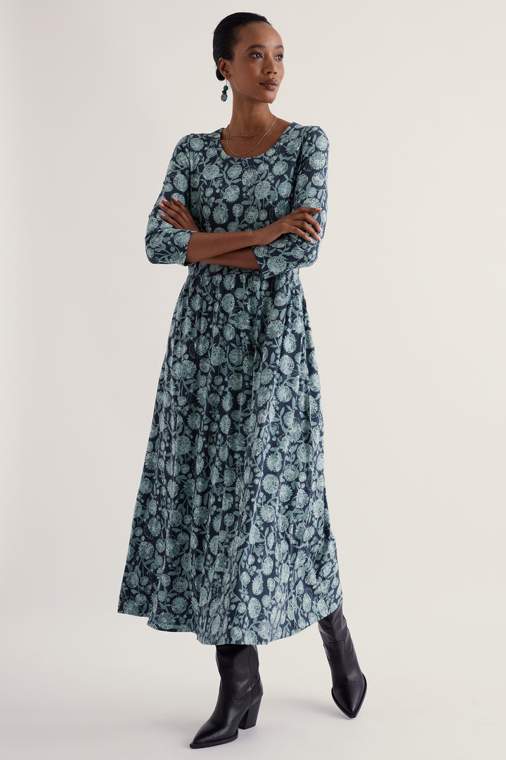Seasalt Cornwall Emily Allium Flowers Lichen Navy Dress, full length on model