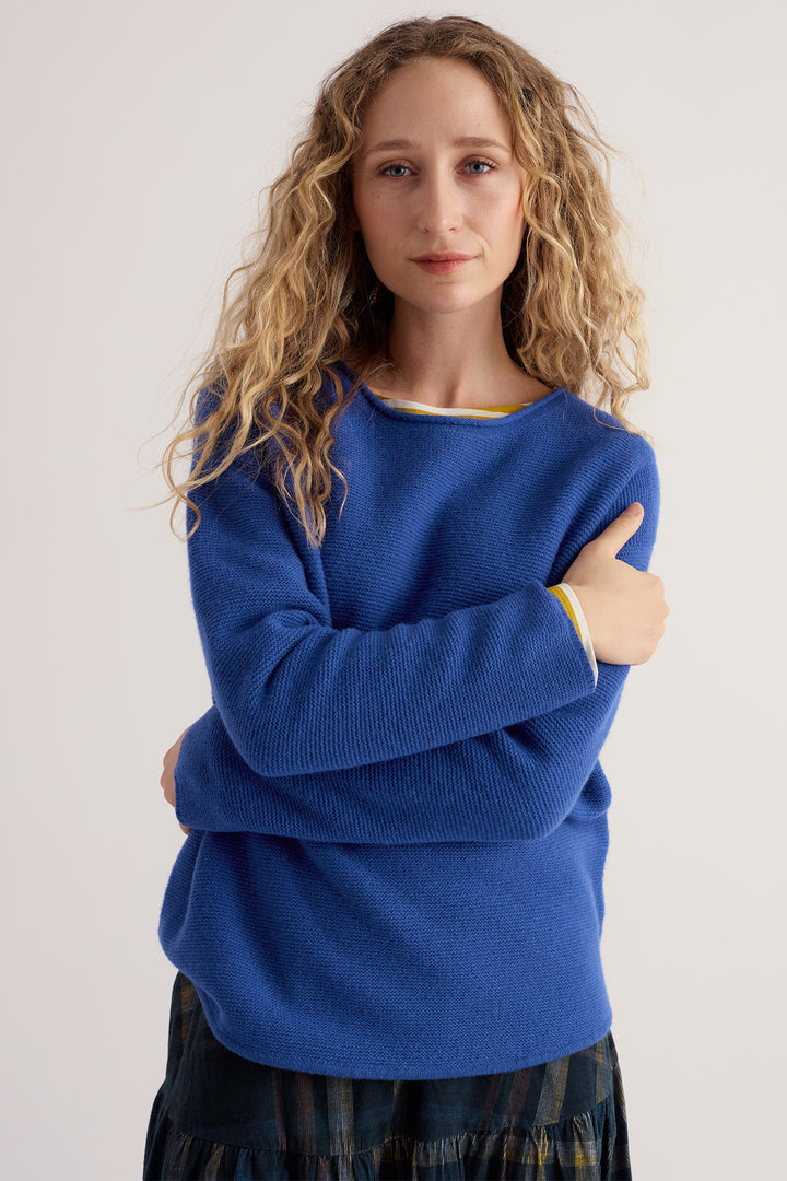 Seasalt Cornwall Fruity II Light Marine Blue Jumper, front view on model