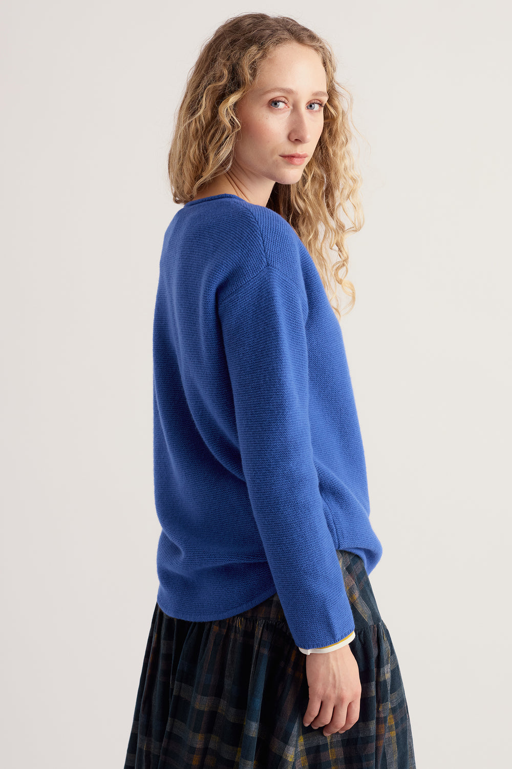 Seasalt Cornwall Fruity II Light Marine Blue Jumper, back view on model