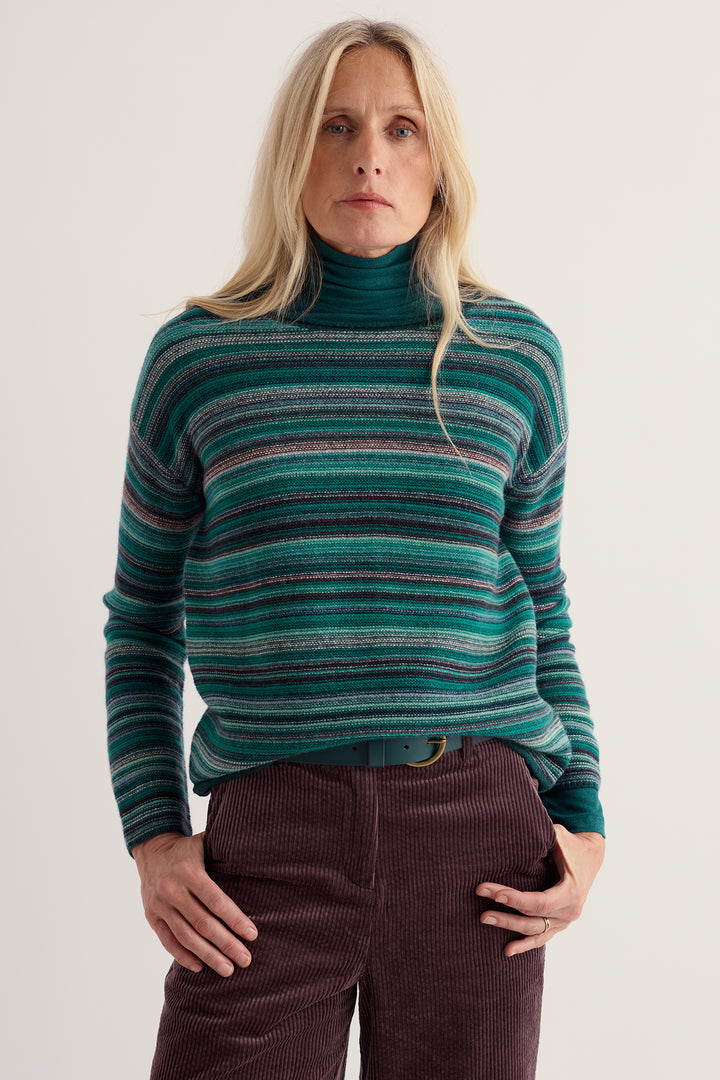 Seasalt Cornwall Fruity II Ripple Marks Dune Grass Mix Green Jumper, front view on model