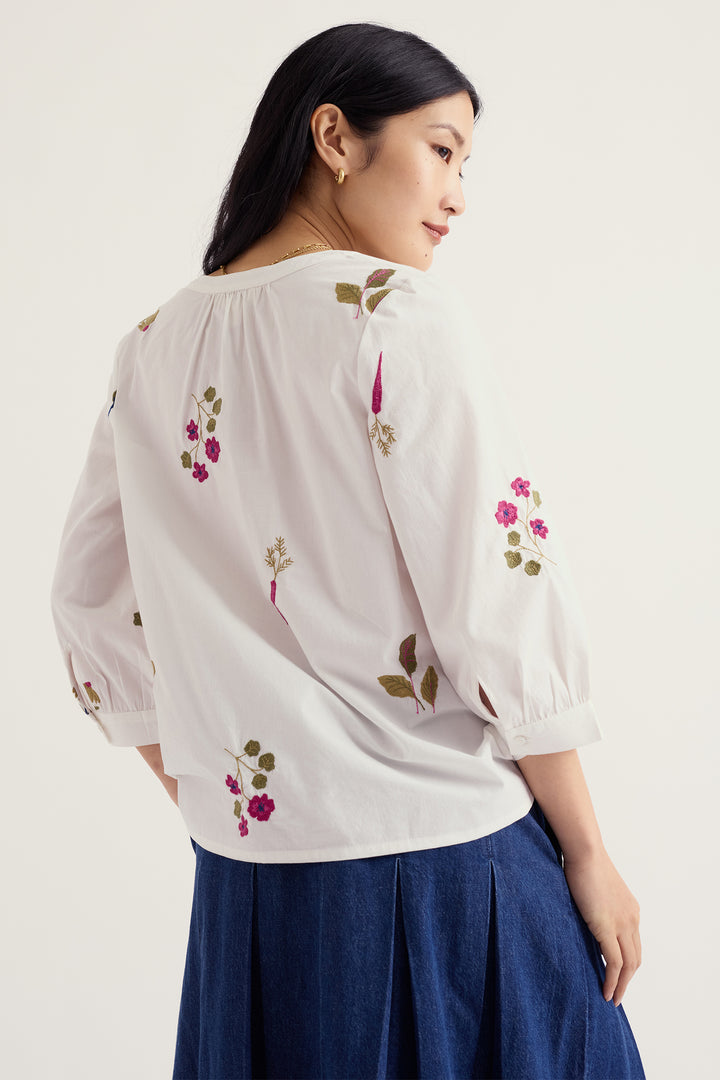 Seasalt Cornwall Grace Embroidered Flora Embroidery Chalk White Top WM40284 38467, back view on model
