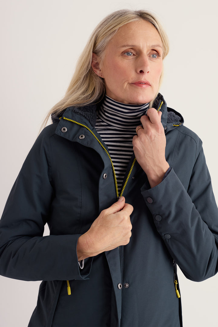 Seasalt Cornwall Janelle Squid Ink Navy Coat, collar and zip detail on model