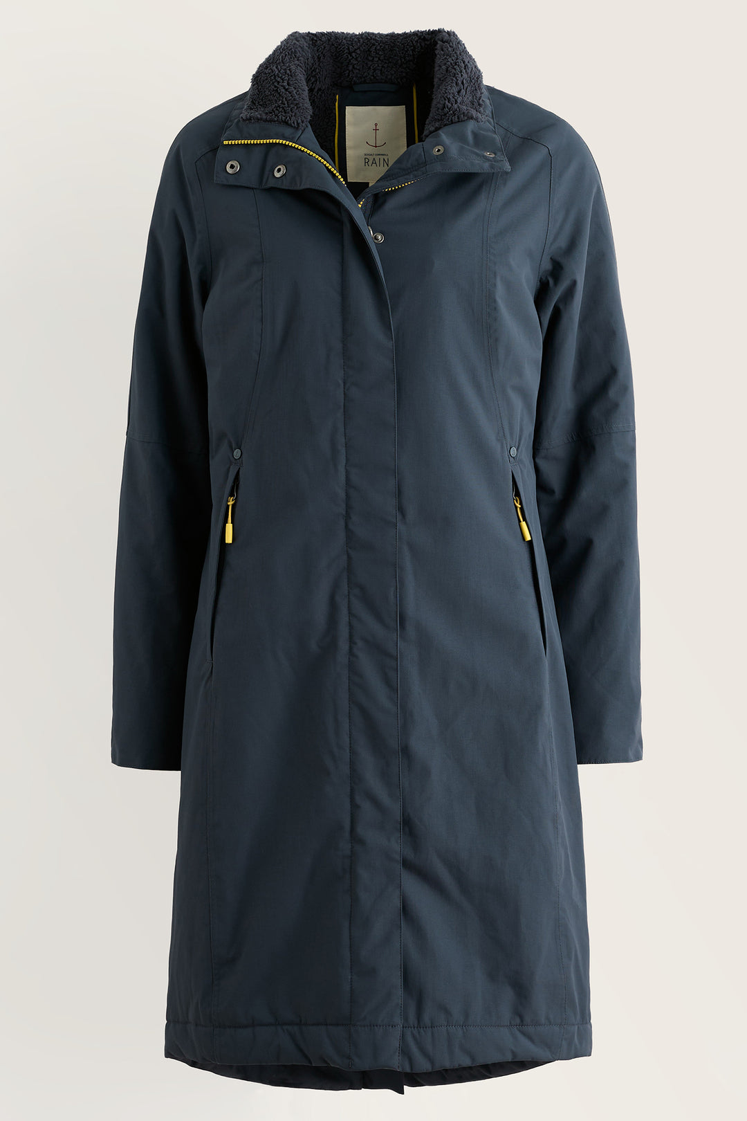 Seasalt Cornwall Janelle Squid Ink Navy Coat, front view with collar open