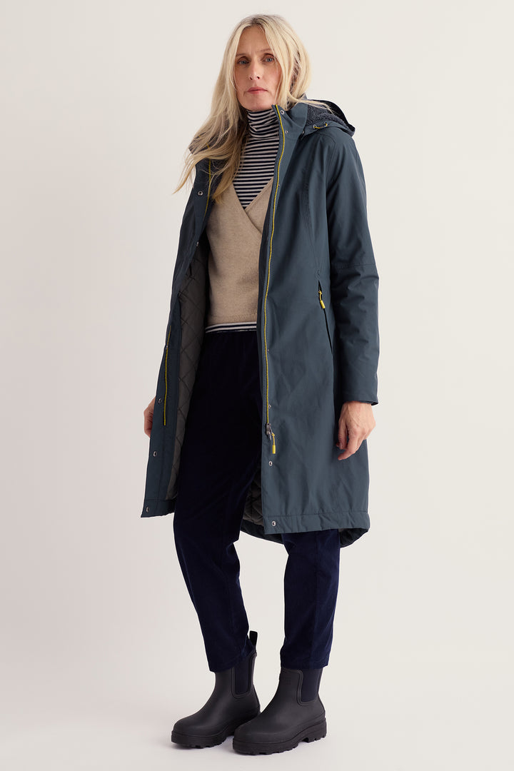 Seasalt Cornwall Janelle Squid Ink Navy Coat, full length front view on model