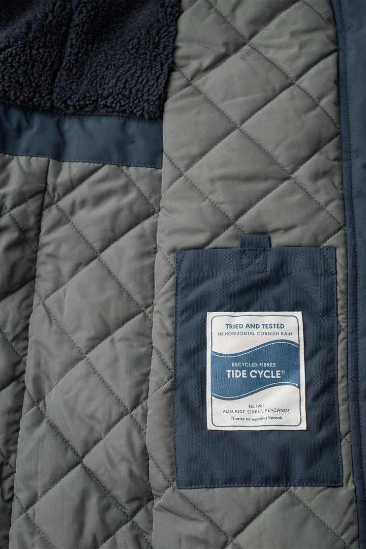 Seasalt Cornwall Janelle Squid Ink Navy Coat, quilted lining and label close up