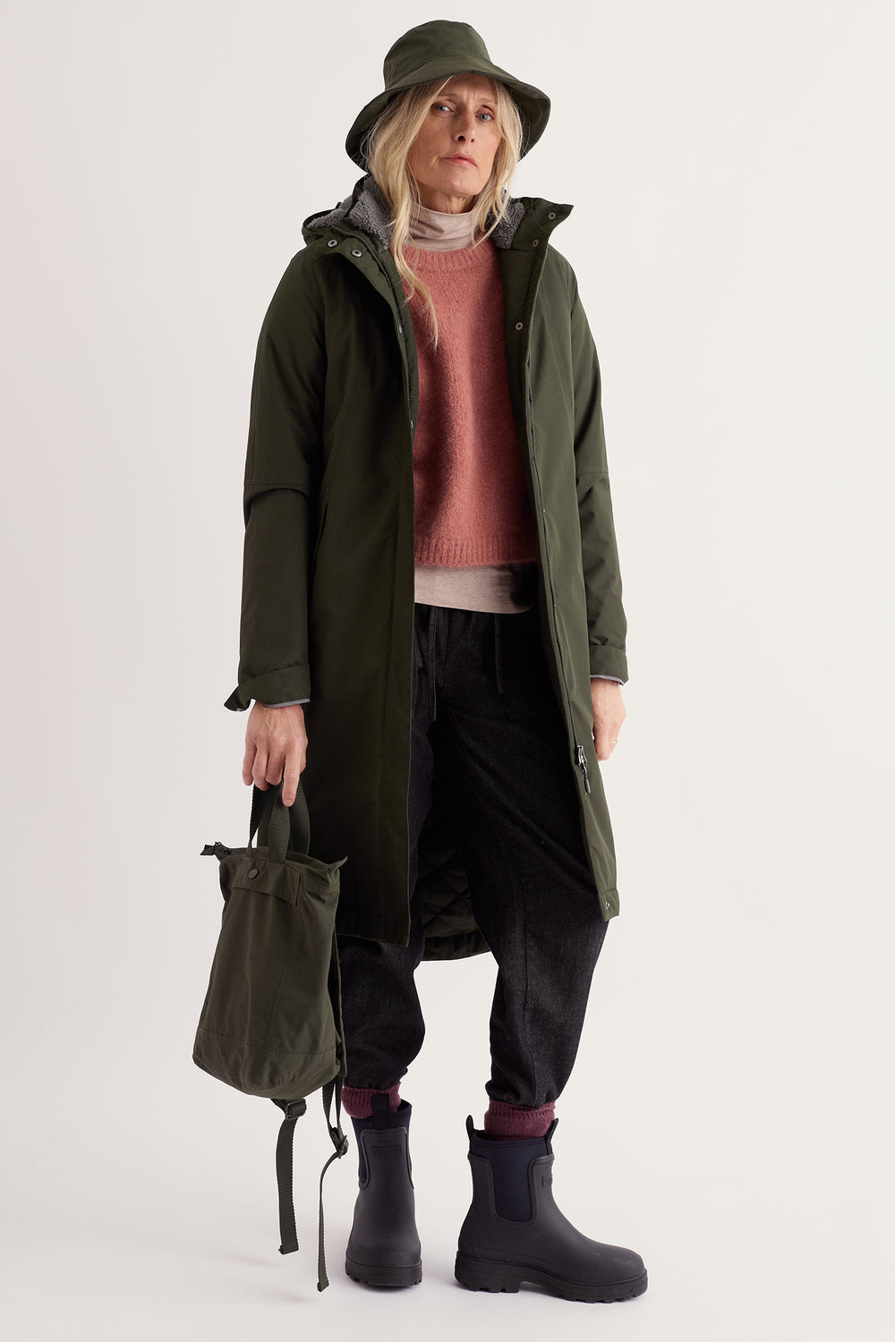 Seasalt Cornwall Janelle Woodland Green Waterproof Jacket, full length front view on model, worn open