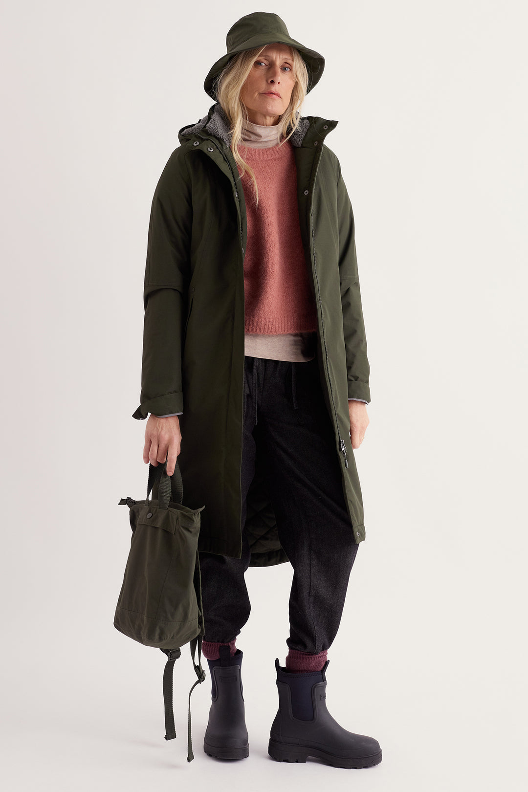 Seasalt Cornwall Janelle Woodland Green Waterproof Jacket, full length front view on model, worn open