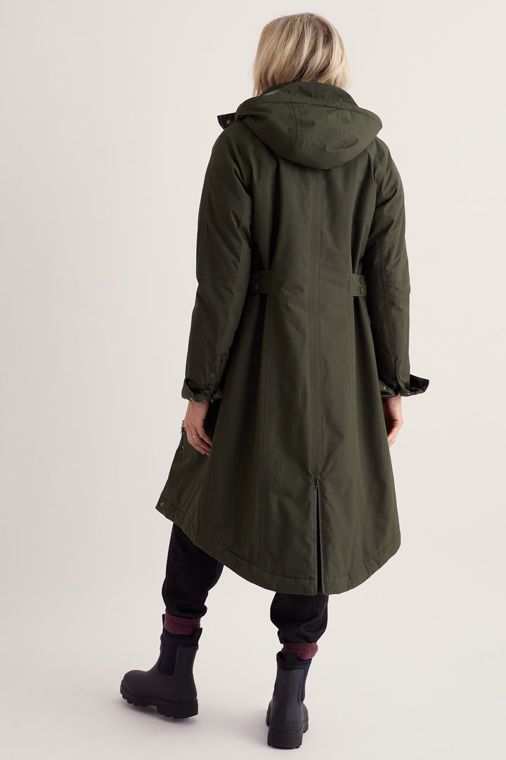 Seasalt Cornwall Janelle Woodland Green Waterproof Jacket, back view on model