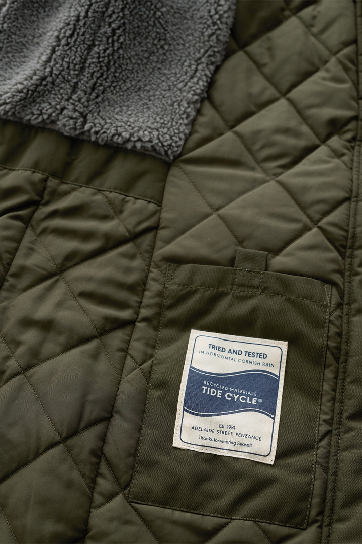 Seasalt Cornwall Janelle Woodland Green Waterproof Jacket, quilted lining and label close up