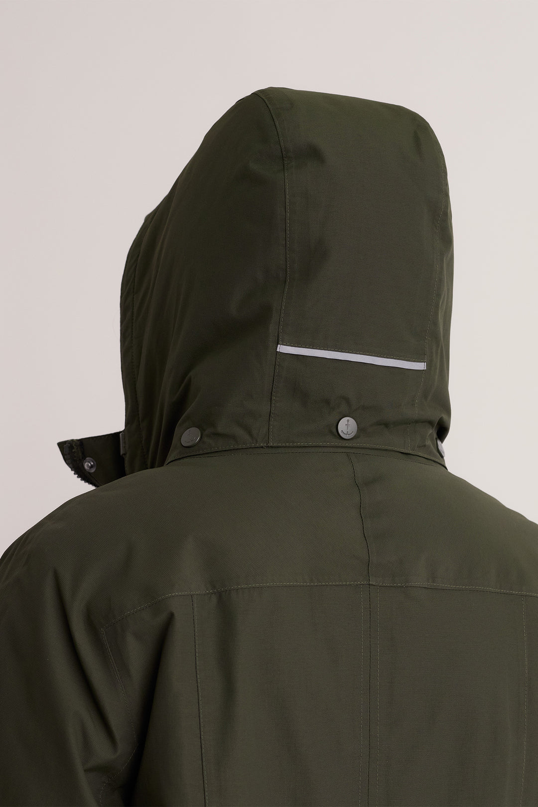 Seasalt Cornwall Janelle Woodland Green Waterproof Jacket, hood and reflective strip close up