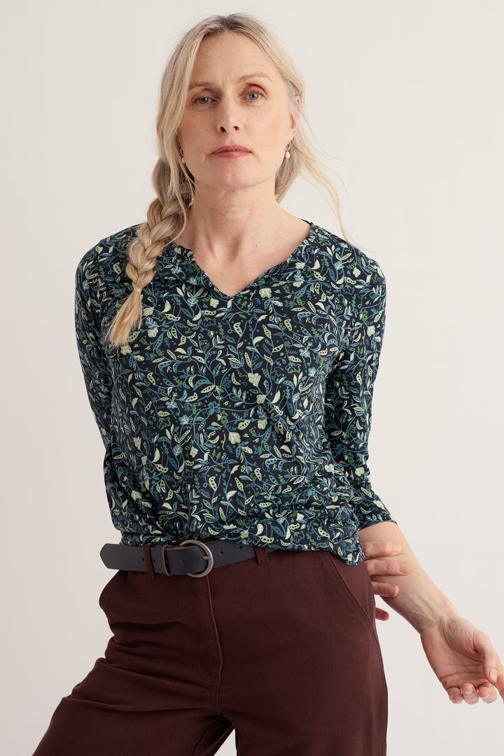 Seasalt Cornwall Kellow Garden Peas Maritime Navy Top, front view on model