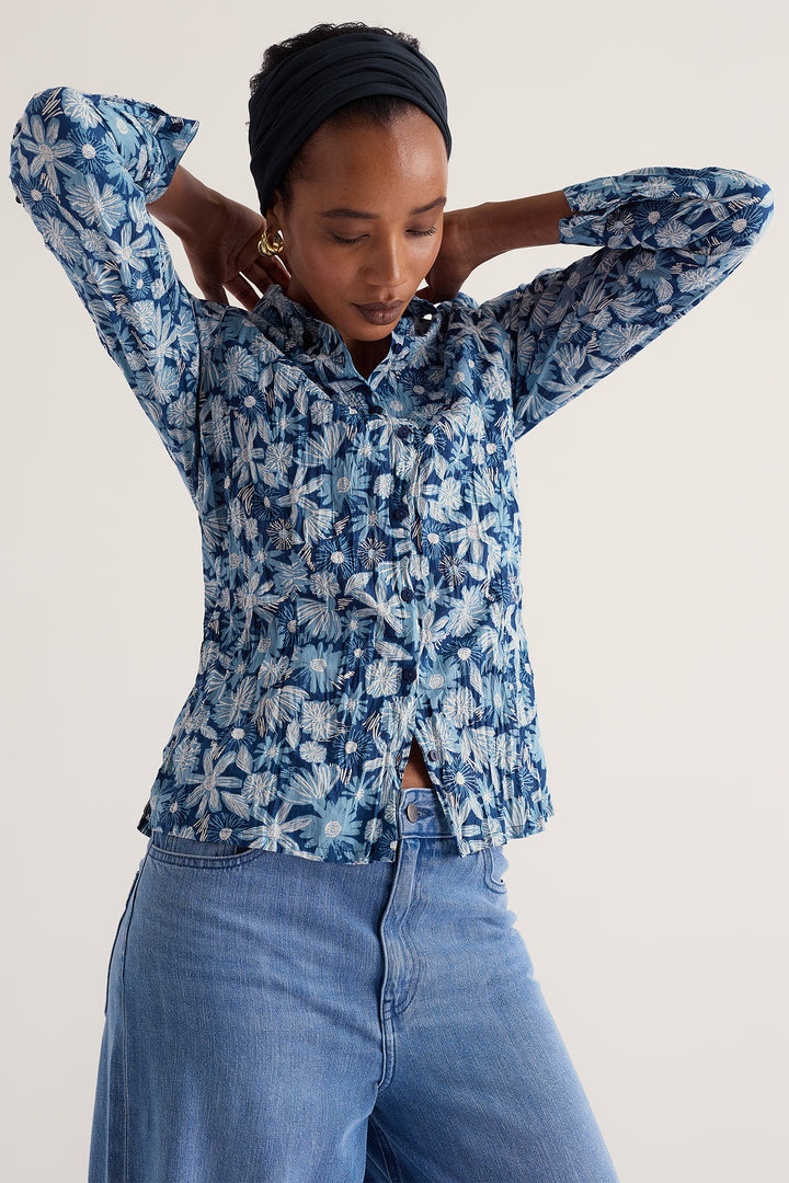 Seasalt Cornwall Larissa Sketchbook Blooms Marine Blue Shirt WM39616 38423, front view on model showing the button front and collar