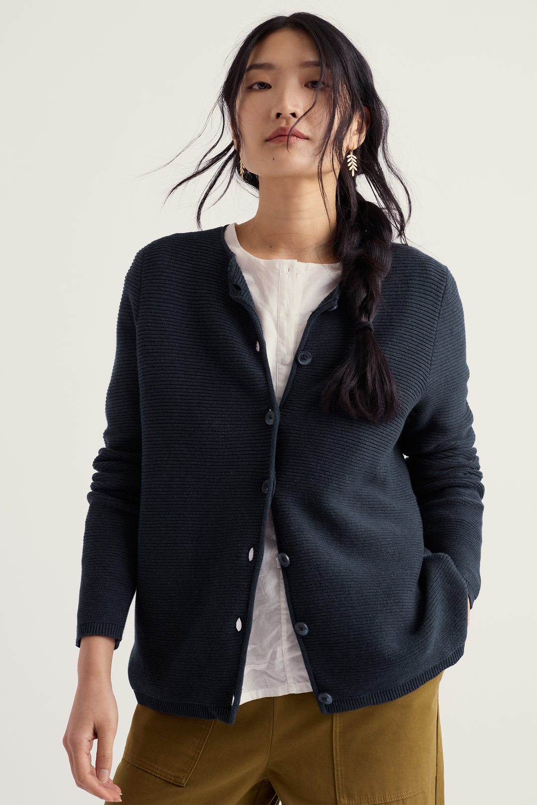 Seasalt Cornwall Makers Maritime Navy Cardigan WM39132, worn full length