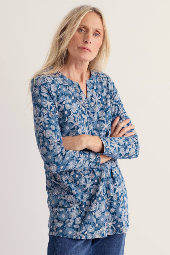 Seasalt Cornwall Moon Window Sketchbook Blooms Marine Blue Tunic WM40333 38423, front view on model showing the button placket