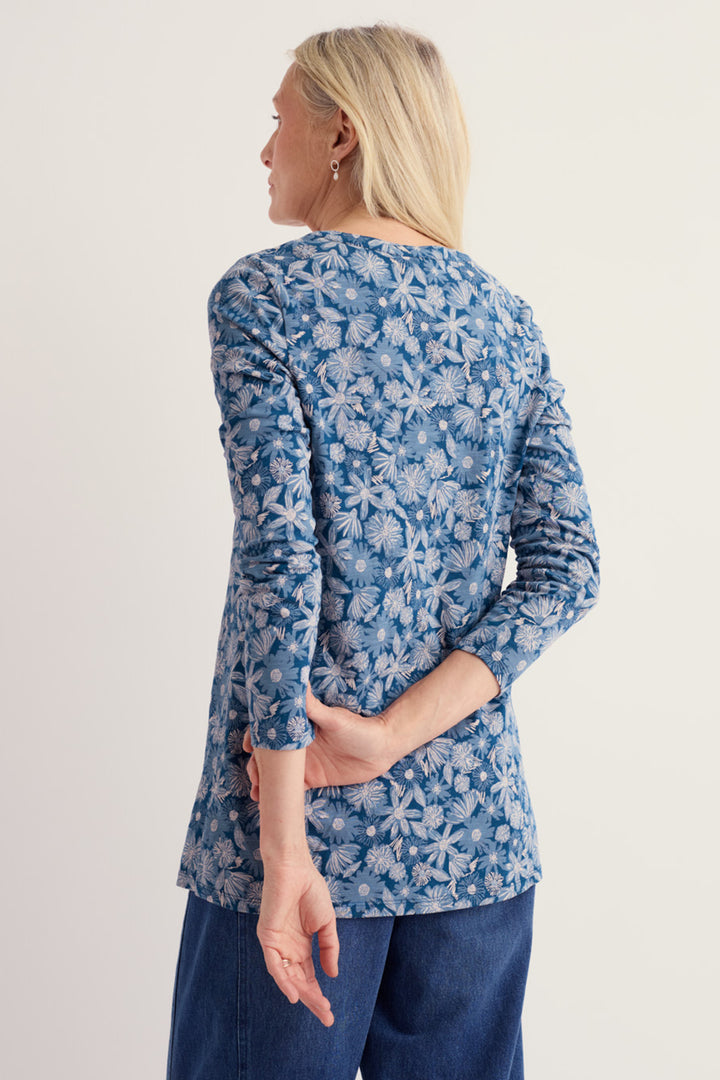 Seasalt Cornwall Moon Window Sketchbook Blooms Marine Blue Tunic WM40333 38423, back view on model