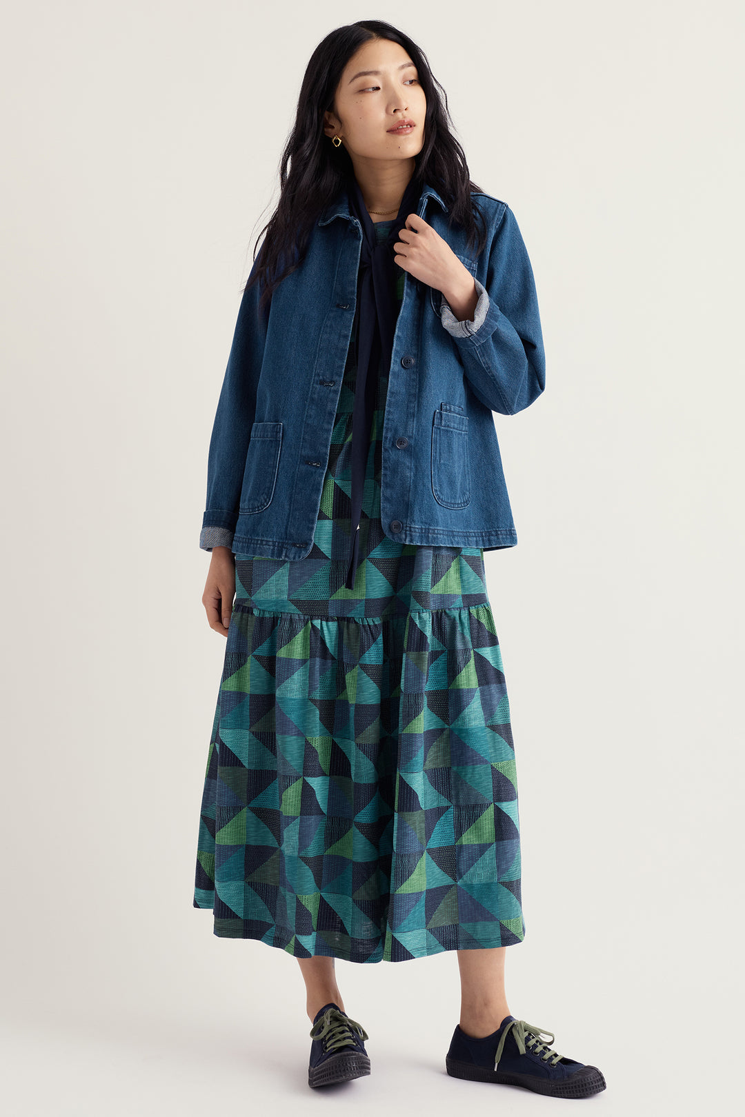 Seasalt Cornwall Reading Rocks Mid Wash Blue Jacket WM39282 36953, worn open over a printed dress