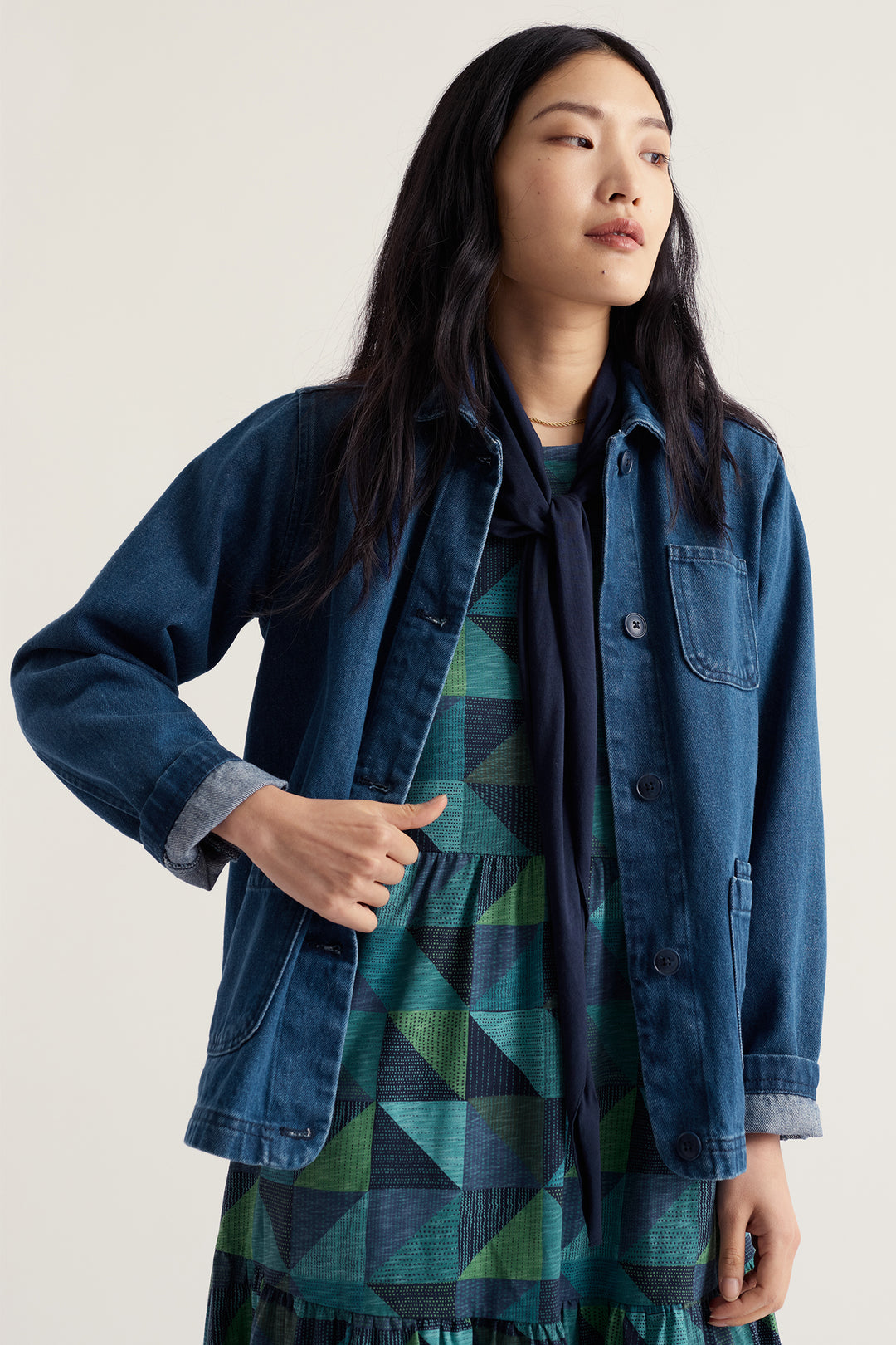 Seasalt Cornwall Reading Rocks Mid Wash Blue Jacket WM39282 36953, front view on model