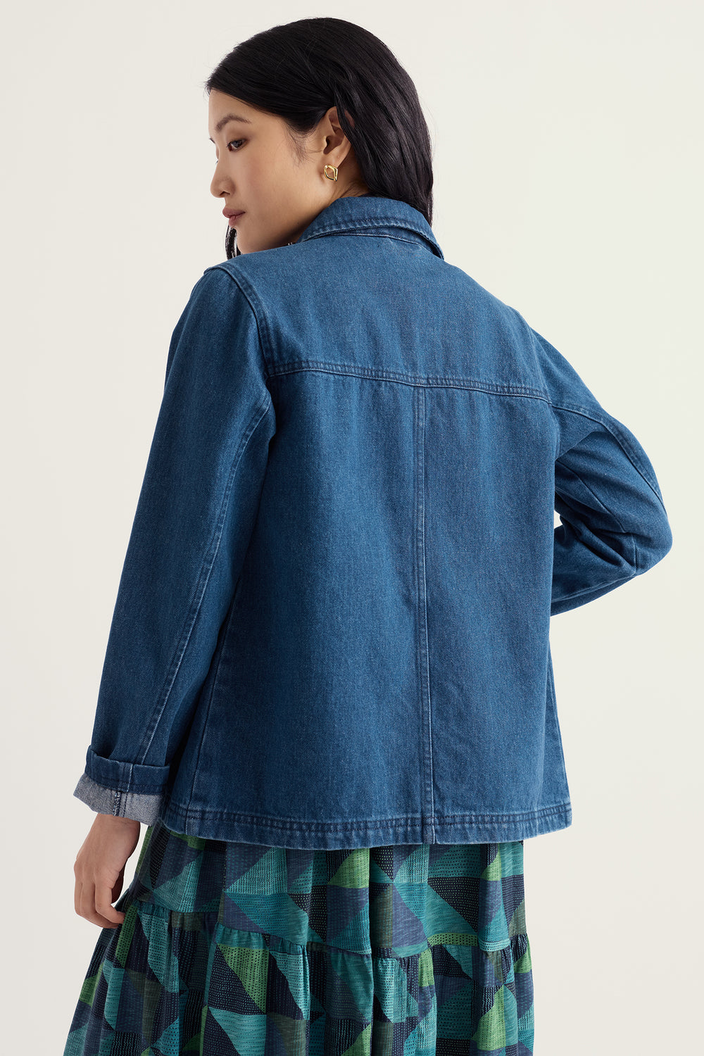 Seasalt Cornwall Reading Rocks Mid Wash Blue Jacket WM39282 36953, back view on model