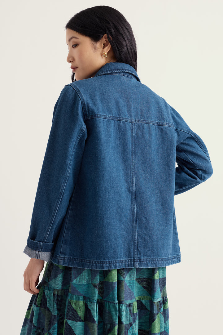 Seasalt Cornwall Reading Rocks Mid Wash Blue Jacket WM39282 36953, back view on model