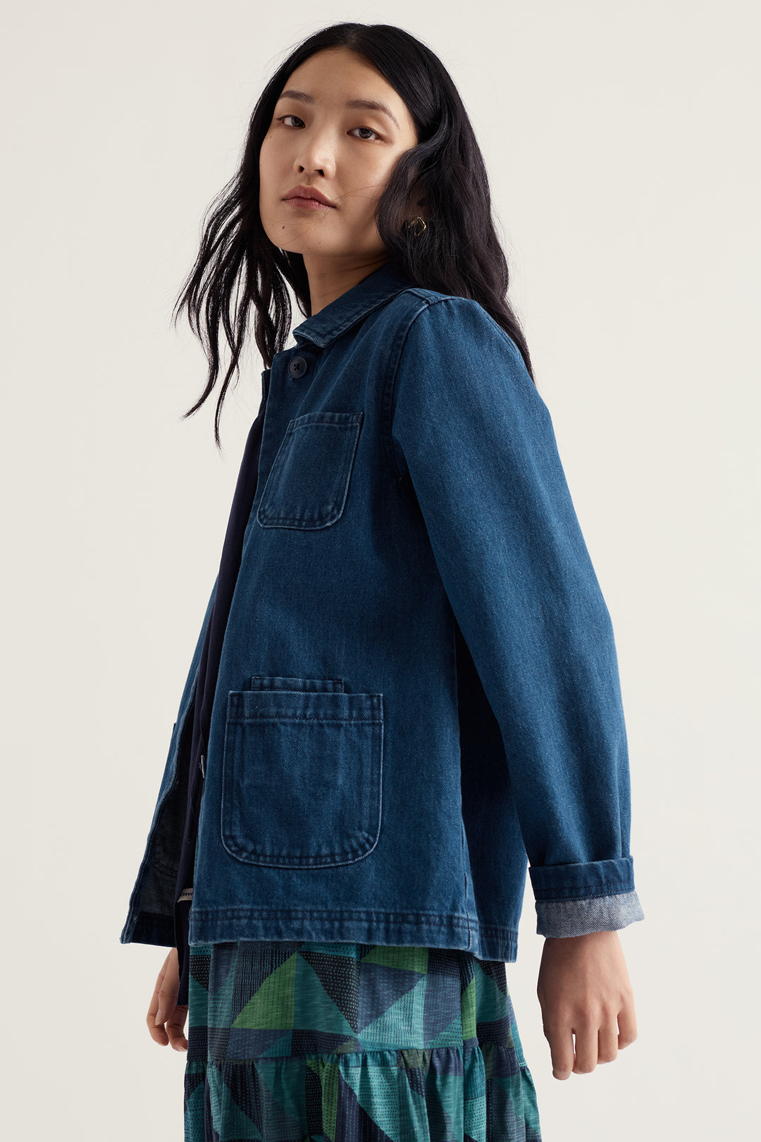 Seasalt Cornwall Reading Rocks Mid Wash Blue Jacket WM39282 36953, side view on model showing the patch pockets