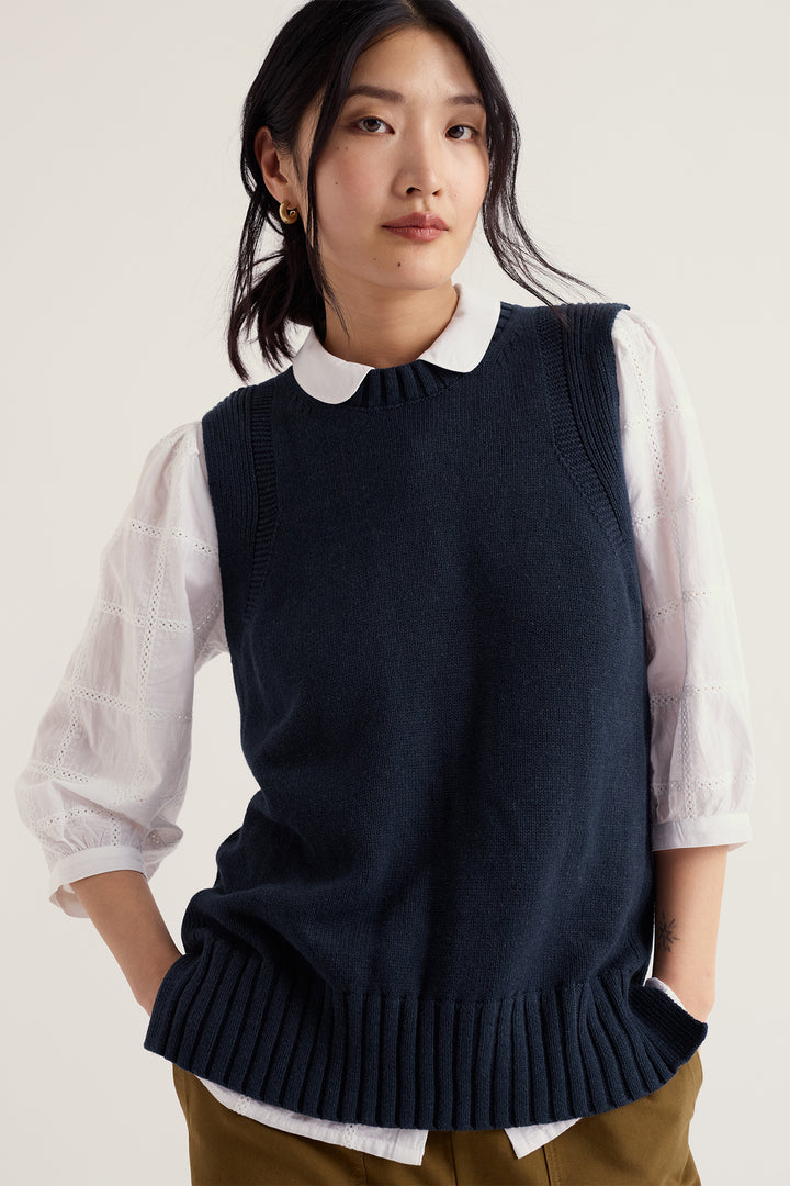 Seasalt Cornwall Redstart Maritime Navy Vest WM38843, styled over a shirt