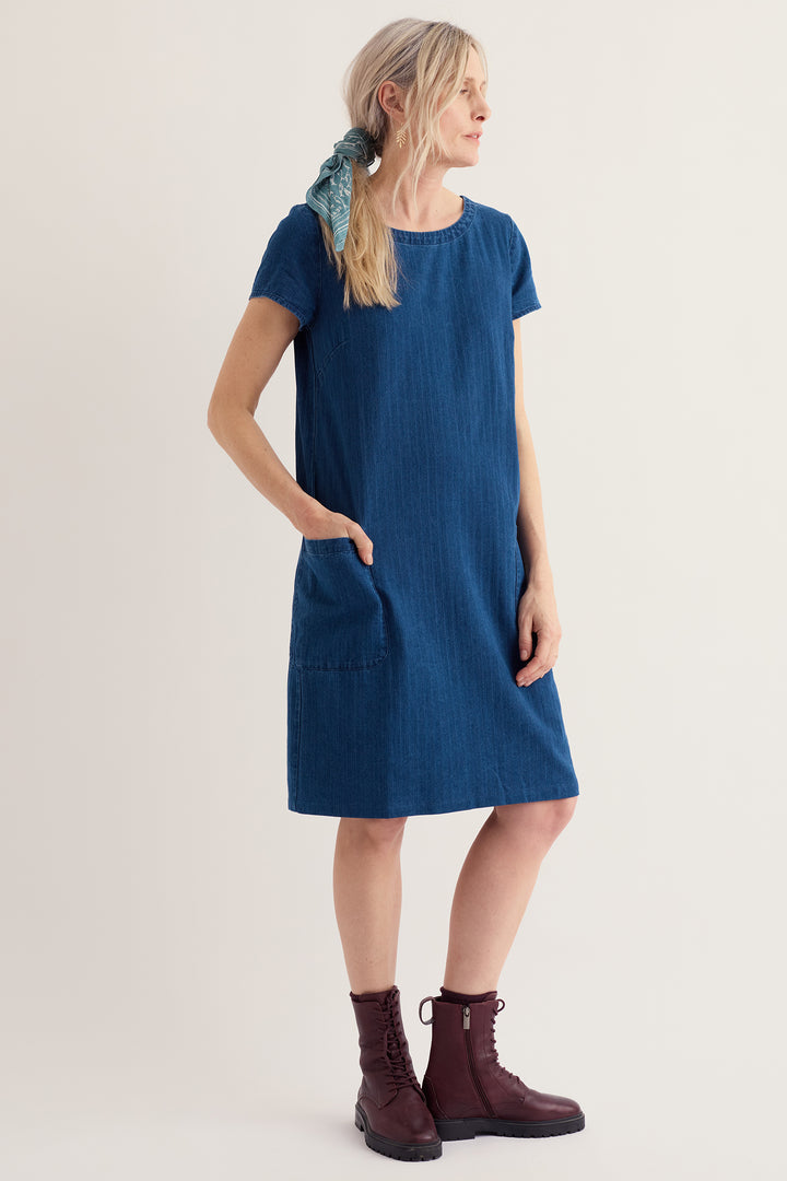 Seasalt Cornwall River Cove Mid Indigo Blue Dress WM40670 37673, front view on model with boots