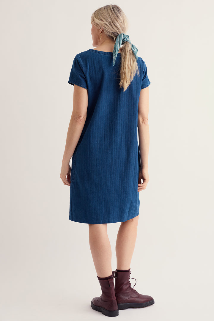 Seasalt Cornwall River Cove Mid Indigo Blue Dress WM40670 37673, back view on model