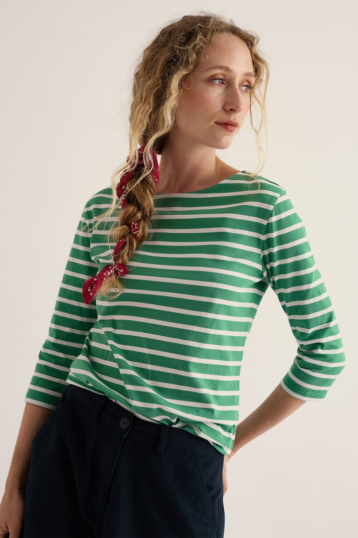 Seasalt Cornwall Sailor Top Breton Pea Pod Green WM40344 38485, worn full length