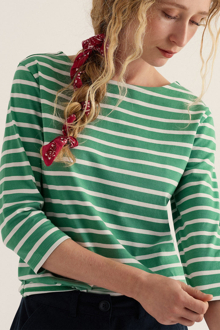 Seasalt Cornwall Sailor Top Breton Pea Pod Green WM40344 38485, worn from the back