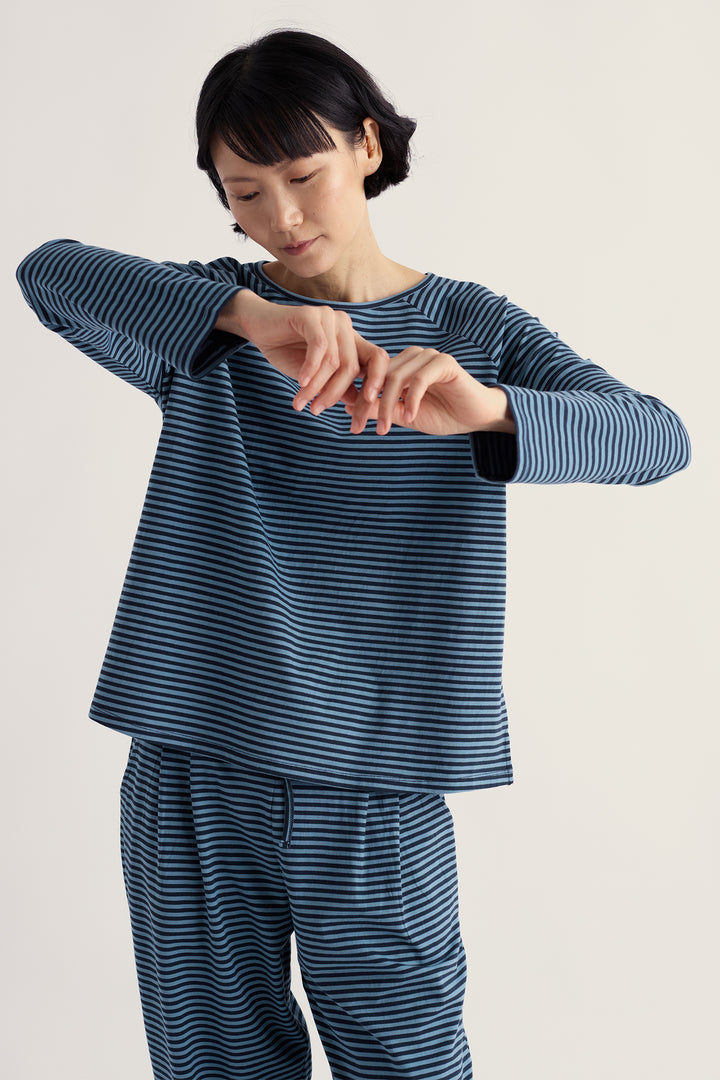 Seasalt Cornwall Setting Sun Obliques Maritime Cadet Navy Pyjamas, front view on model