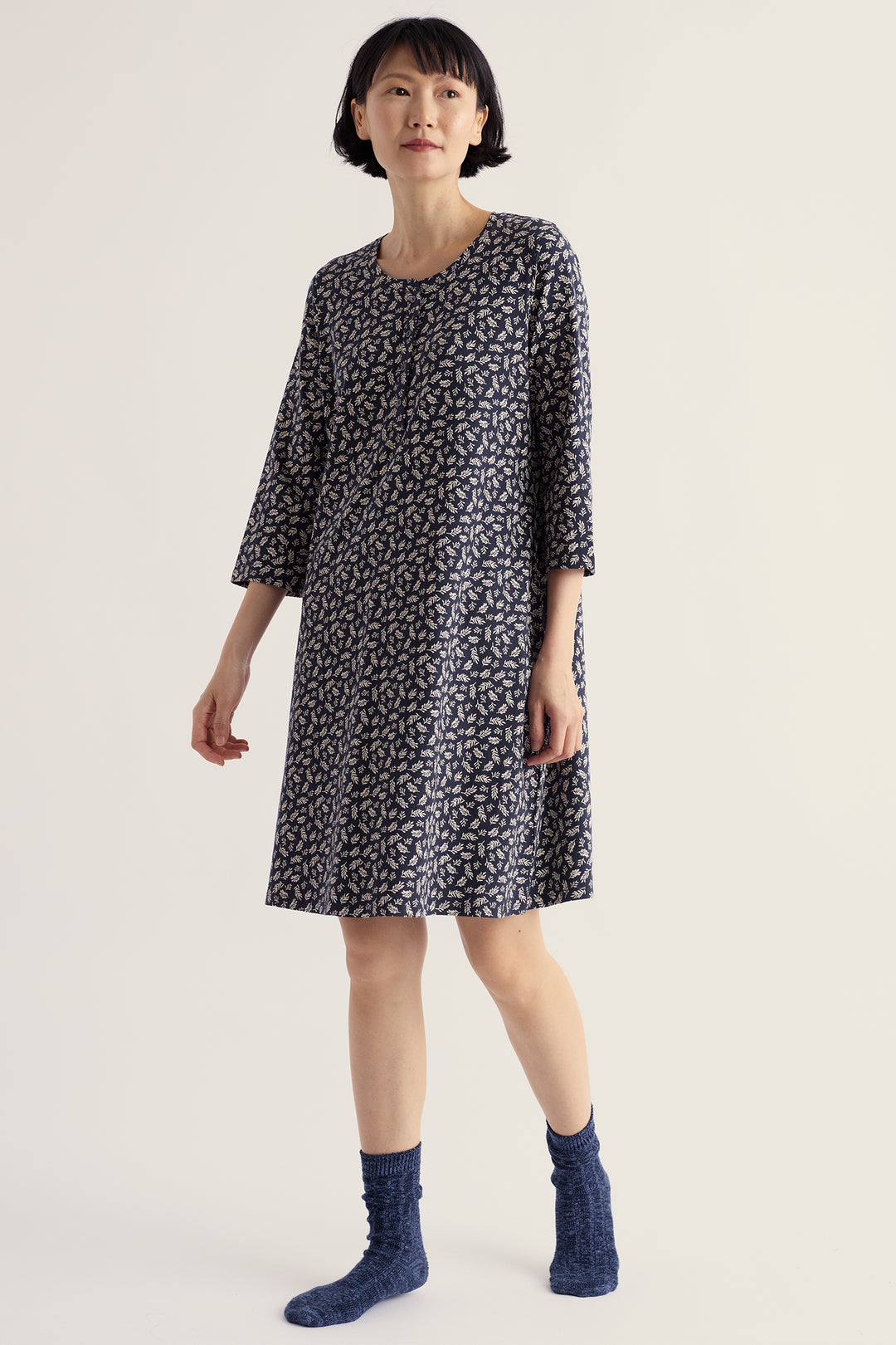 Seasalt Cornwall Star Chart Leaf Press Maritime Navy Nightdress, full length on model