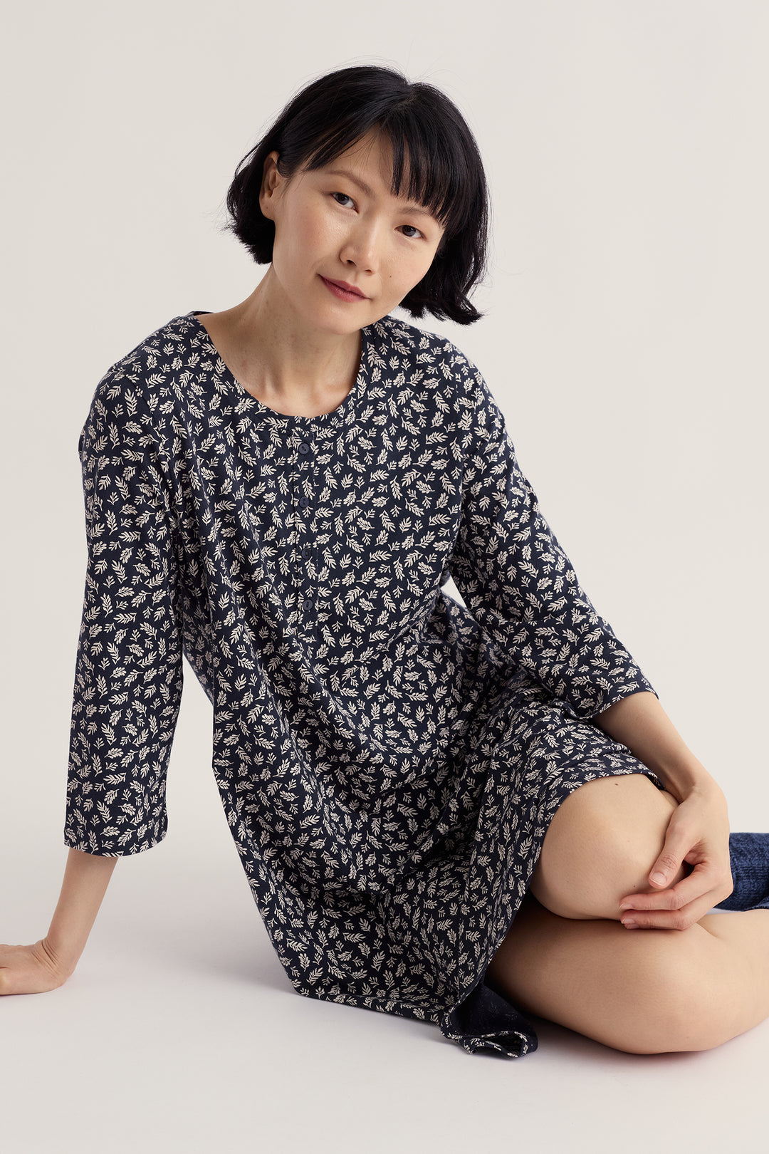 Seasalt Cornwall Star Chart Leaf Press Maritime Navy Nightdress, styled on model
