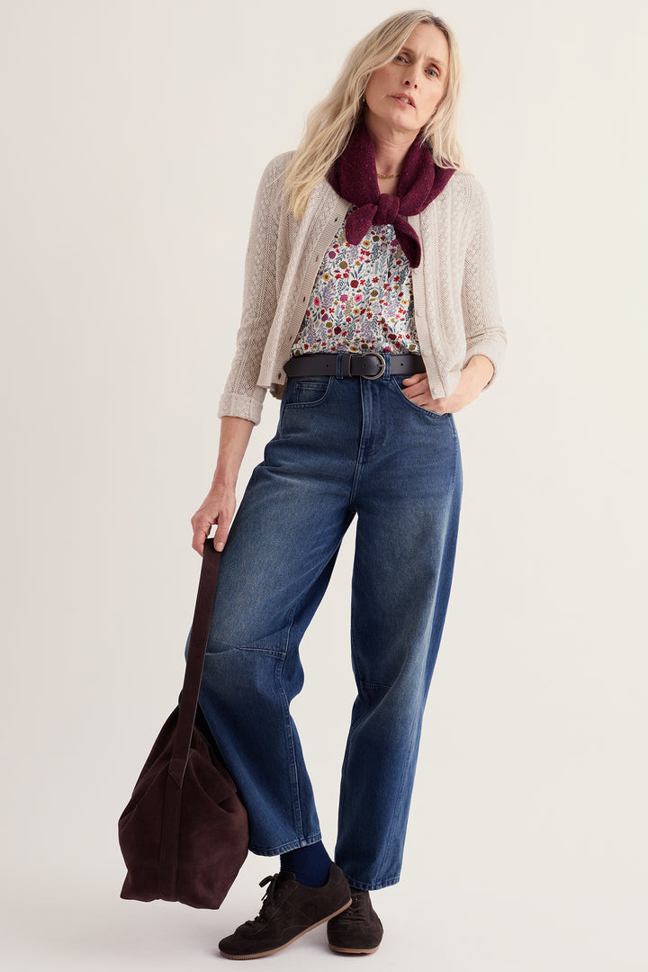 Seasalt Cornwall Studio Glass Wild Borders Chalk White Top WM40477 38415, worn under a cream cardigan with jeans