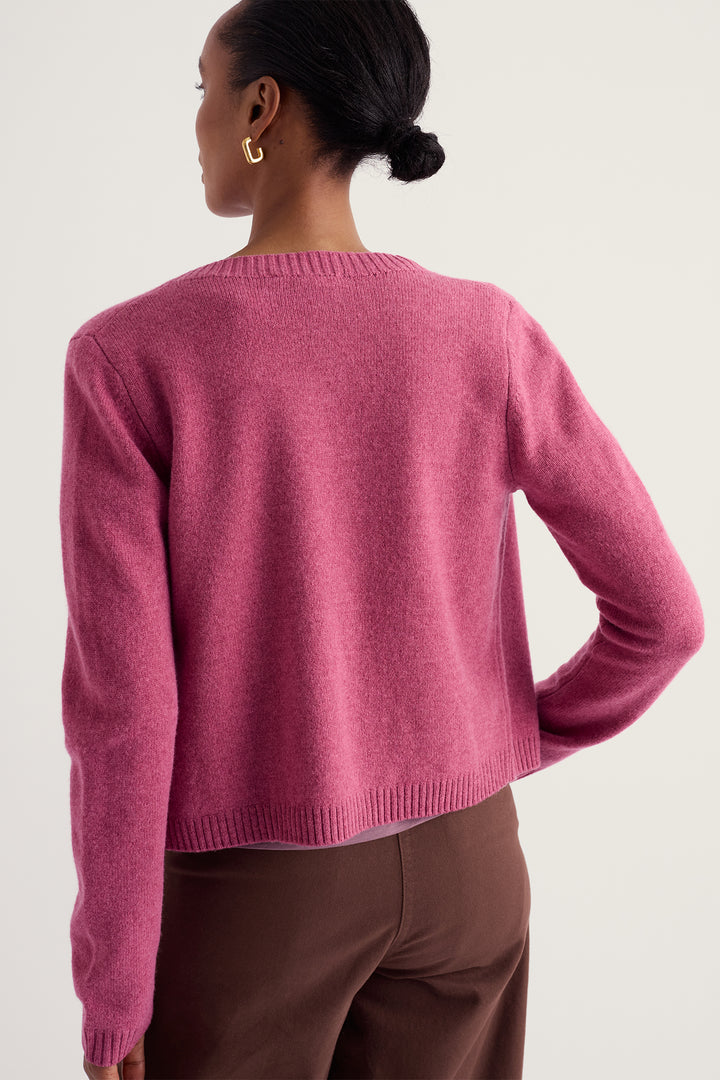 Seasalt Cornwall Tern Tide Rosa Pink Merino Cardigan WM32107 36475, worn from the side