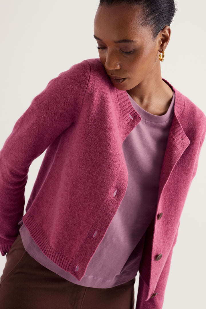 Seasalt Cornwall Tern Tide Rosa Pink Merino Cardigan WM32107 36475, worn from the back