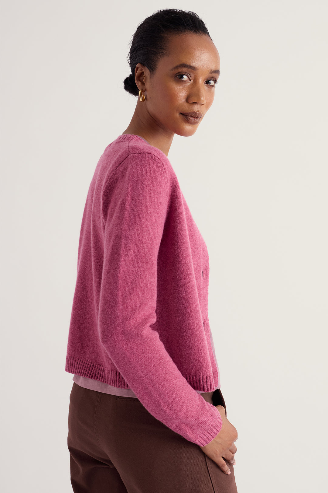 Seasalt Cornwall Tern Tide Rosa Pink Merino Cardigan WM32107 36475, styled with denim