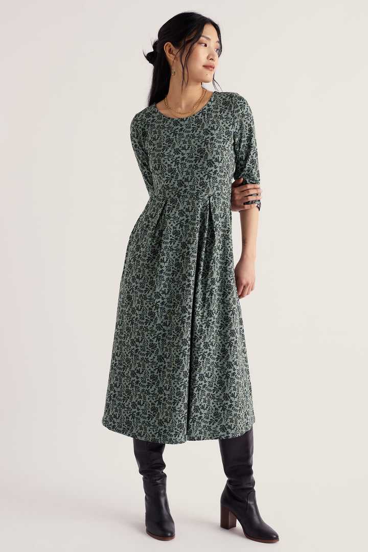 Seasalt Cornwall Veronica Painted Seaweed Lichen Green Dress, full length front view on model