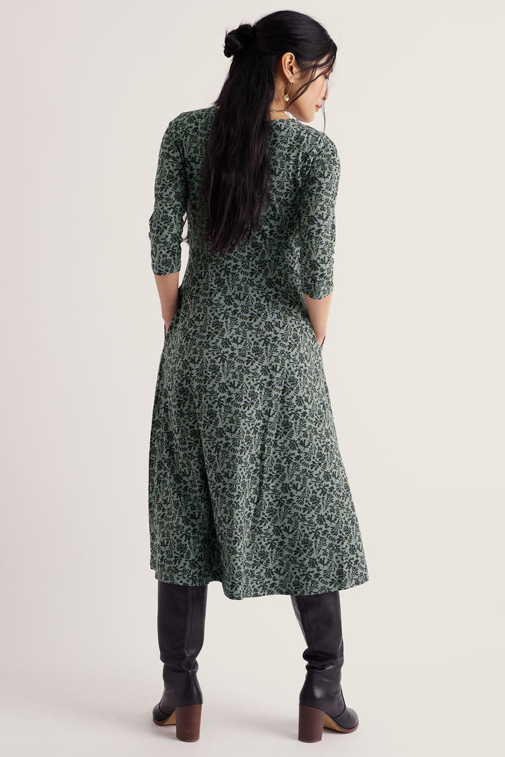 Seasalt Cornwall Veronica Painted Seaweed Lichen Green Dress, back view on model