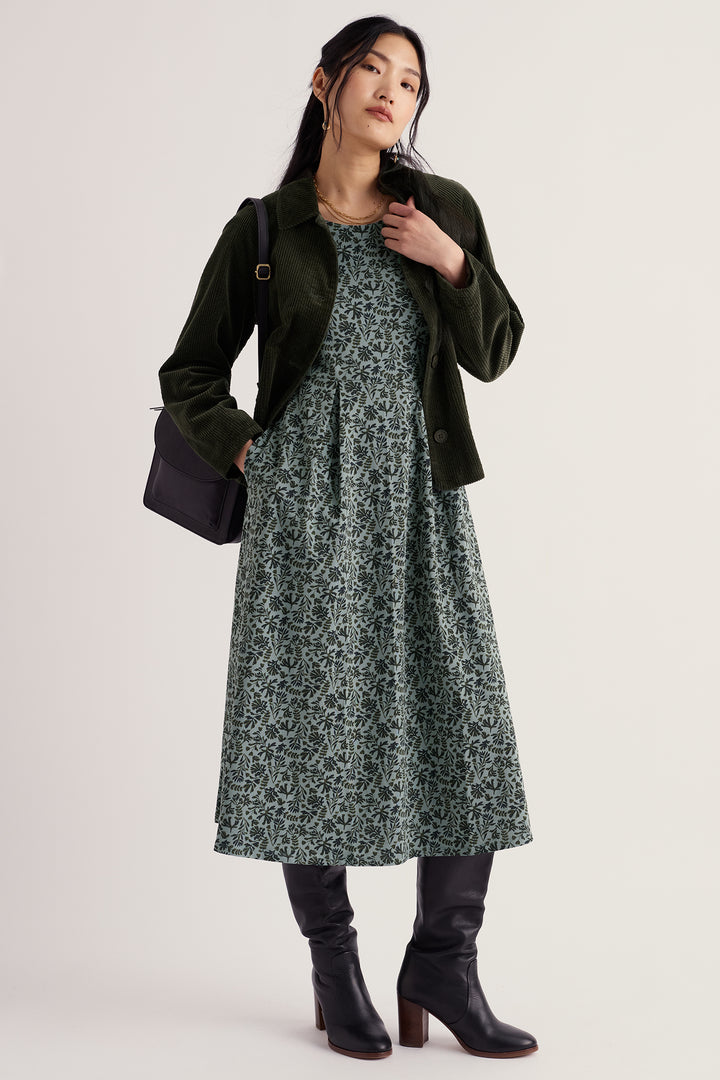 Seasalt Cornwall Veronica Painted Seaweed Lichen Green Dress, styled with a jacket on model