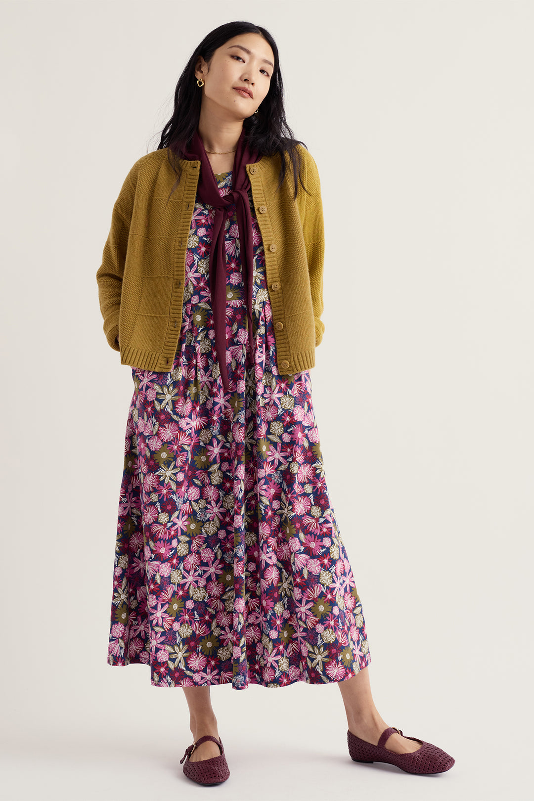 Seasalt Cornwall Veronica Sketchbook Blooms Rosa Pink Dress WM32710 38424, styled with a mustard cardigan