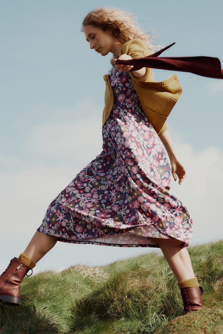 Seasalt Cornwall Veronica Sketchbook Blooms Rosa Pink Dress WM32710 38424, worn outdoors with a cardigan and boots