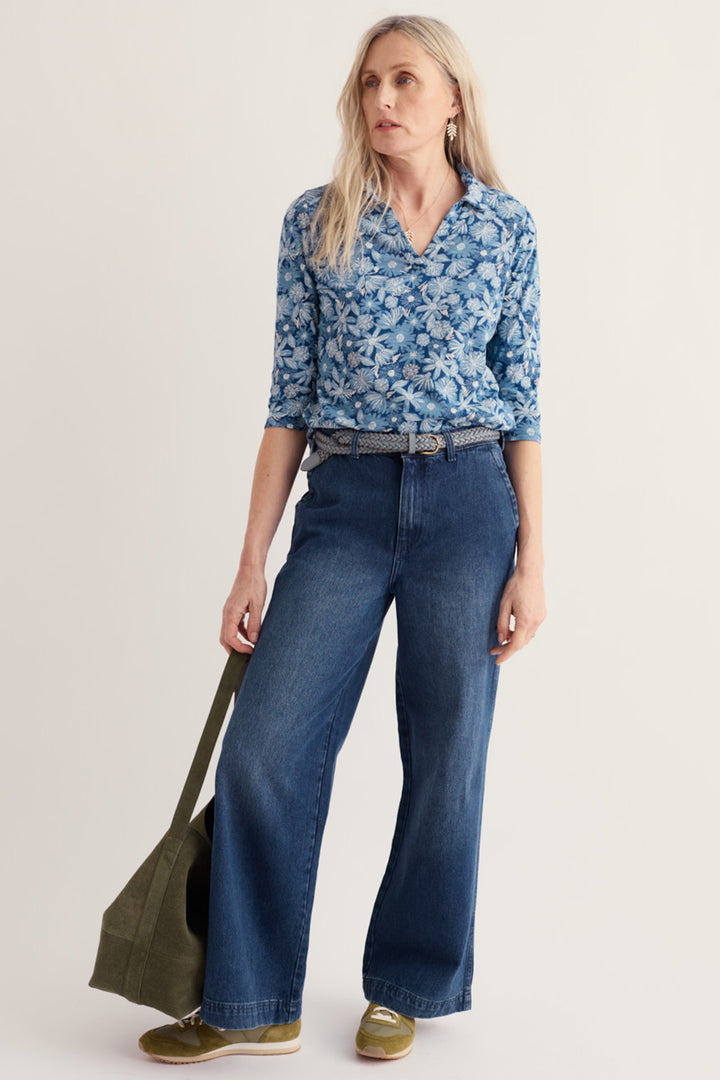 Seasalt Cornwall Wavecrest Sketchbook Blooms Marine Blue Shirt WM39278 38423, full length view on model with wide leg jeans