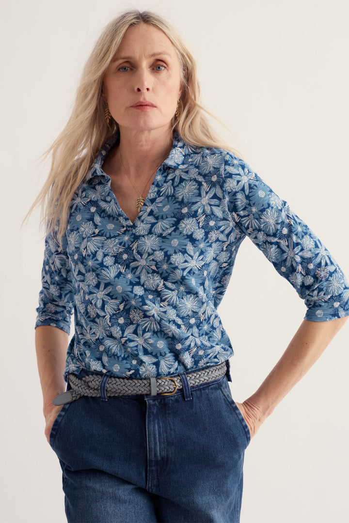Seasalt Cornwall Wavecrest Sketchbook Blooms Marine Blue Shirt WM39278 38423, front view on model
