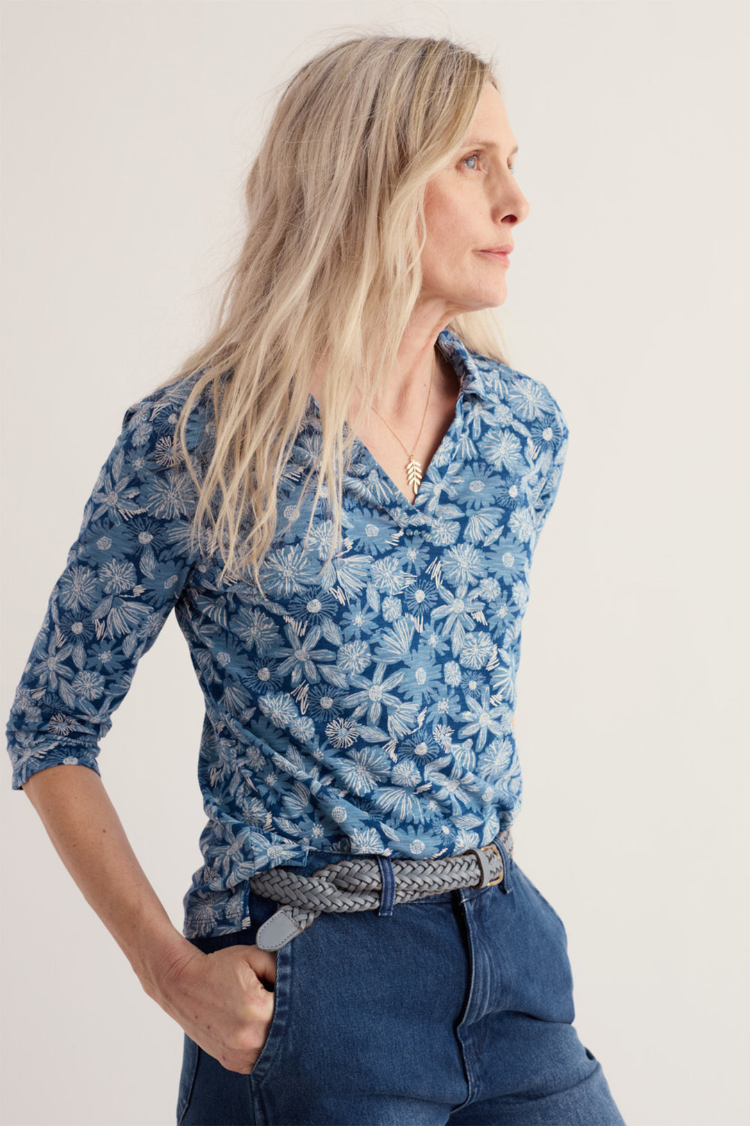 Seasalt Cornwall Wavecrest Sketchbook Blooms Marine Blue Shirt WM39278 38423, side view on model showing the open collar