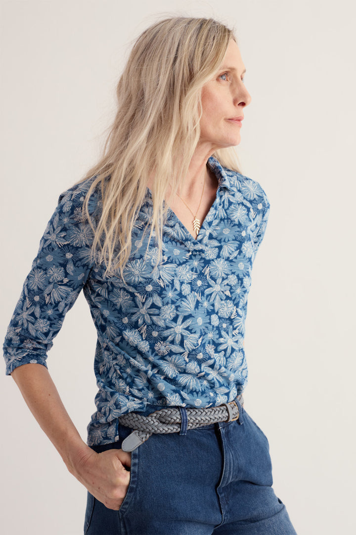 Seasalt Cornwall Wavecrest Sketchbook Blooms Marine Blue Shirt WM39278 38423, side view on model showing the open collar